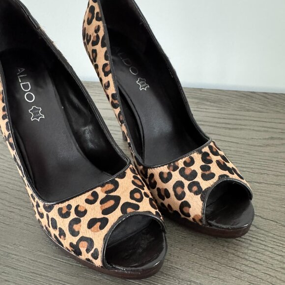 ALDO Leopard Print Hair Material Peep Toe Pumps - Size 8 (38) - Picture 2 of 10